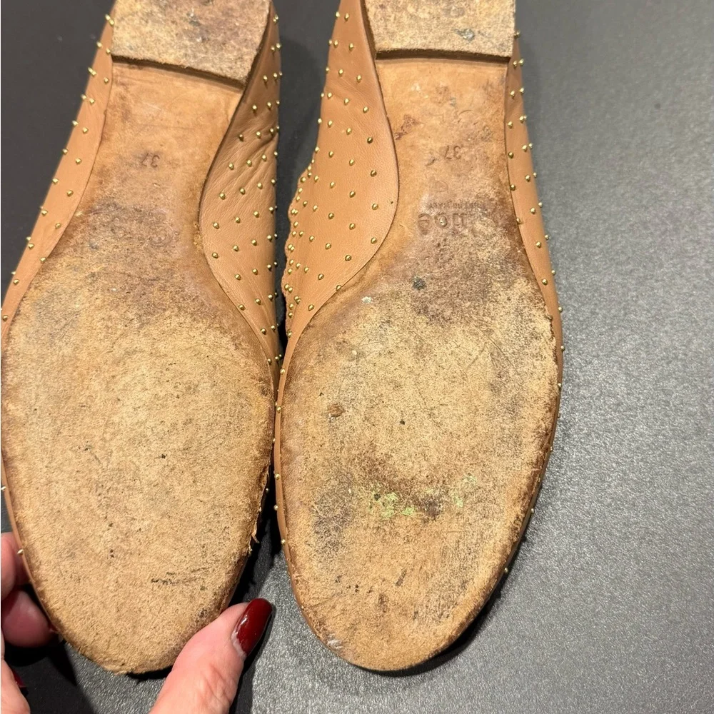 Chloe Studded Scalloped Leather Flats - Tan - Picture 4 of 5